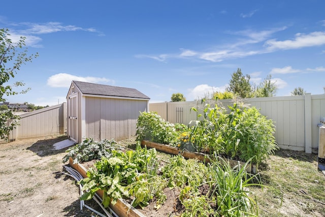 view of yard with a fenced backyard, a storage shed, an outbuilding, and a vegetable garden