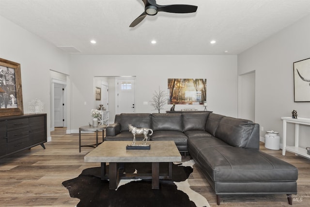 518 Bass Run Ln, Marsing, ID 83639 - living room featuring wood finished floors, recessed lighting, and a ceiling fan
