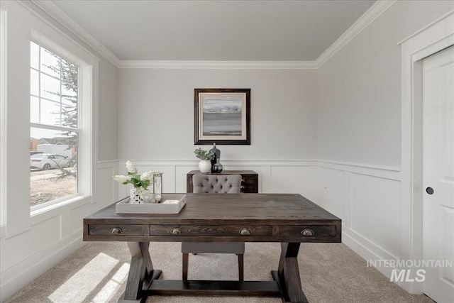 home office featuring carpet flooring and ornamental molding