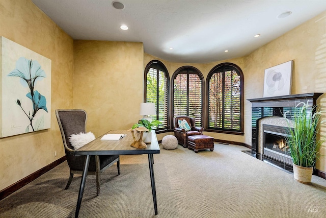 2634 W Sugarberry Dr, Eagle, ID 83616 - office space with carpet floors, baseboards, a fireplace with flush hearth, and recessed lighting