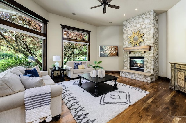 2634 W Sugarberry Dr, Eagle, ID 83616 - living room with ceiling fan, wood finished floors, a fireplace, and recessed lighting