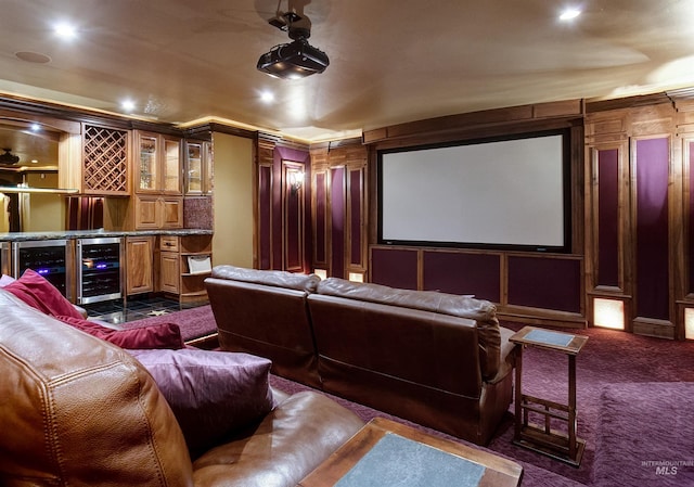 2634 W Sugarberry Dr, Eagle, ID 83616 - cinema room featuring a bar, dark carpet, recessed lighting, and wine cooler