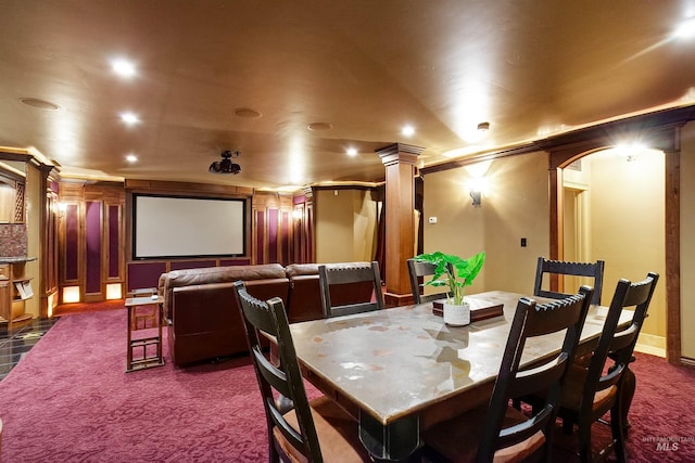 2634 W Sugarberry Dr, Eagle, ID 83616 - home theater featuring decorative columns, recessed lighting, dark carpet, arched walkways, and ornamental molding