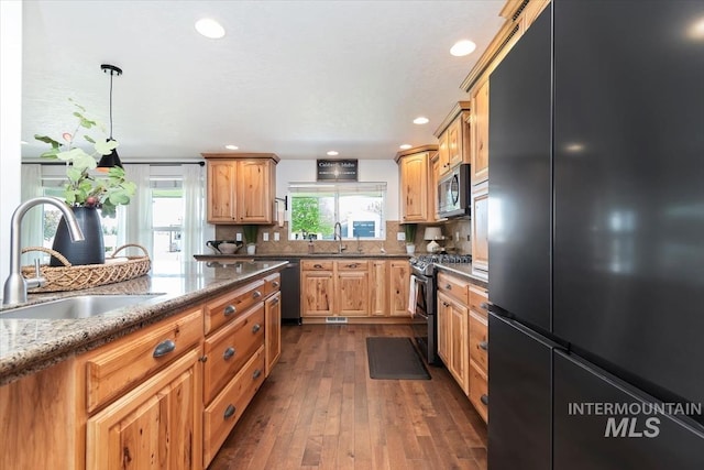 511 Keogh Ln, Caldwell, ID 83607 - kitchen featuring appliances with stainless steel finishes, a sink, dark wood-style flooring, light stone countertops, and recessed lighting
