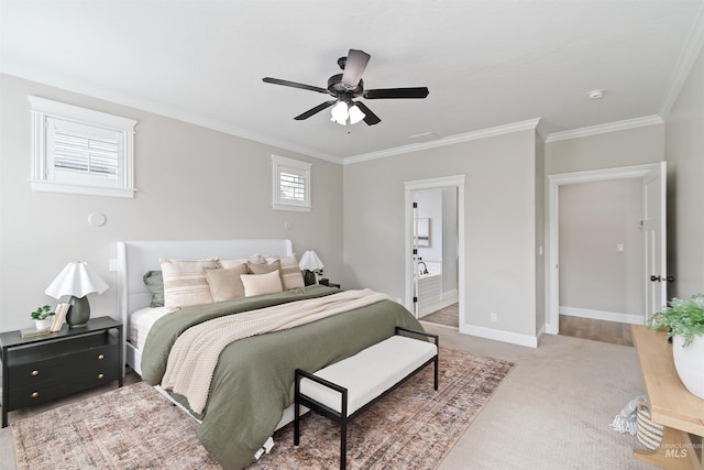 5404 S Palatino Ave, Meridian, ID 83642 - bedroom with ornamental molding, carpet, a ceiling fan, and ensuite bath