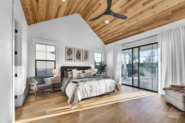 bedroom featuring access to outside, high vaulted ceiling, wooden ceiling, hardwood / wood-style flooring, and ceiling fan