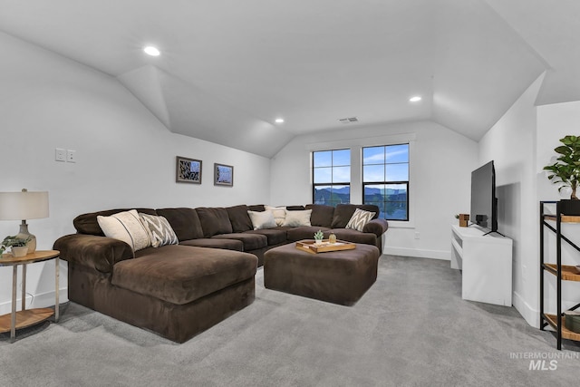 carpeted living room with vaulted ceiling, baseboards, and recessed lighting