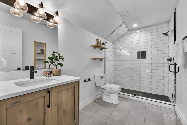 full bathroom with toilet, a stall shower, baseboards, vanity, and lofted ceiling