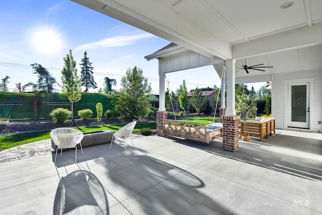 view of patio / terrace featuring a ceiling fan and a fenced backyard