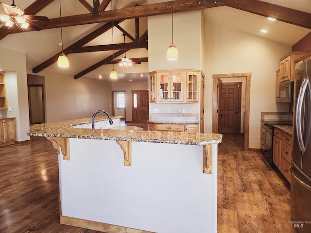 kitchen with beam ceiling, black electric range oven, hanging light fixtures, and high vaulted ceiling