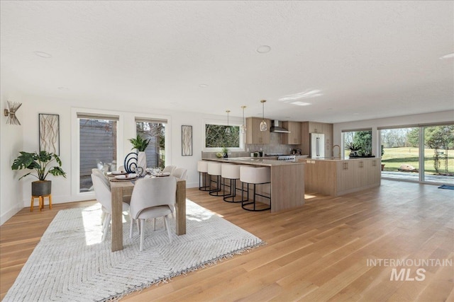 dining area with baseboards, light wood finished floors, and a textured ceiling