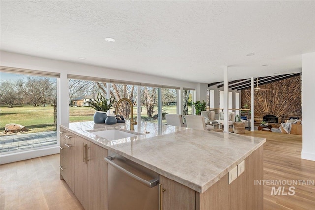 kitchen featuring light stone countertops, dishwasher, an island with sink, light wood-style floors, and a sink