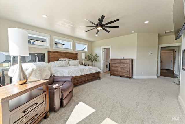6623 Red Rock Rd, Marsing, ID 83639 - bedroom with light colored carpet, recessed lighting, baseboards, and a ceiling fan