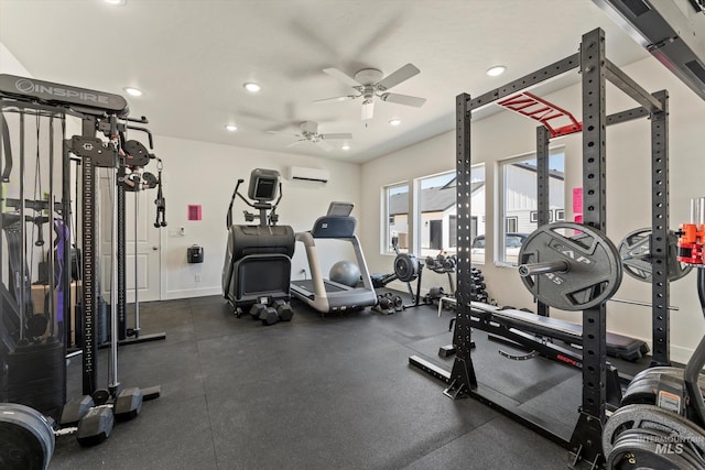 6623 Red Rock Rd, Marsing, ID 83639 - exercise room with recessed lighting, a wall mounted AC, a ceiling fan, and baseboards