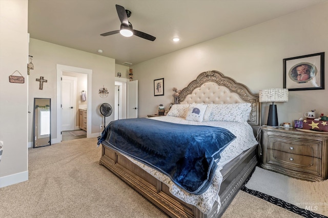 6623 Red Rock Rd, Marsing, ID 83639 - bedroom with carpet floors, baseboards, ensuite bathroom, and ceiling fan