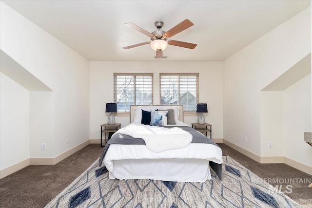 bedroom featuring baseboards, carpet floors, and ceiling fan