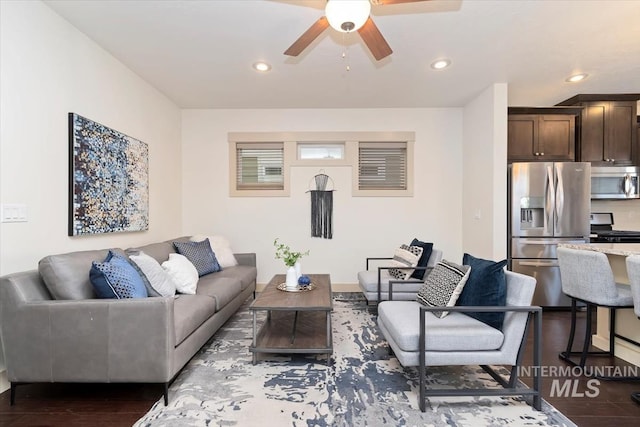 living room featuring dark wood-style floors, recessed lighting, and ceiling fan