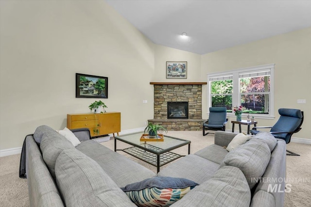 2627 E Moog St, Meridian, ID 83646 - carpeted living room featuring baseboards, lofted ceiling, and a fireplace