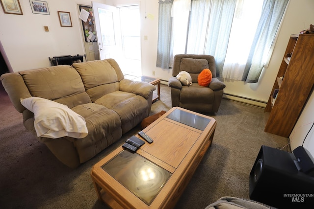carpeted living area featuring a baseboard radiator and baseboard heating