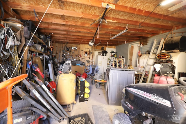 garage with a workshop area