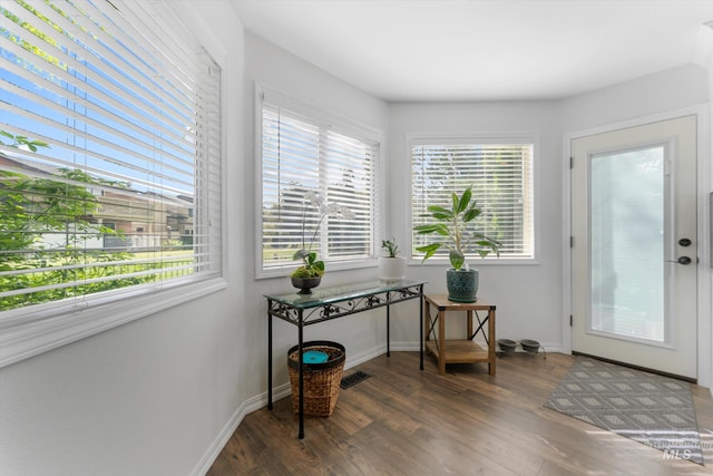 doorway with baseboards, wood finished floors, and plenty of natural light