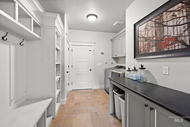 17293 Goodson Rd, Caldwell, ID 83607 - washroom with cabinet space, stone finish floor, a textured ceiling, independent washer and dryer, and baseboards