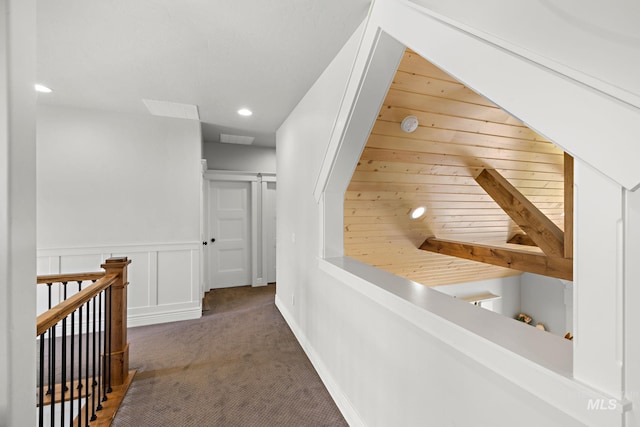 17293 Goodson Rd, Caldwell, ID 83607 - hallway with beamed ceiling, an upstairs landing, carpet floors, a decorative wall, and recessed lighting