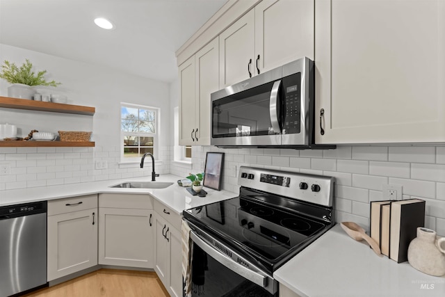 kitchen with backsplash, sink, white cabinets, and stainless steel appliances