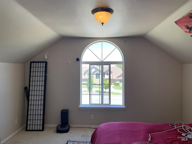 bedroom with lofted ceiling and light colored carpet