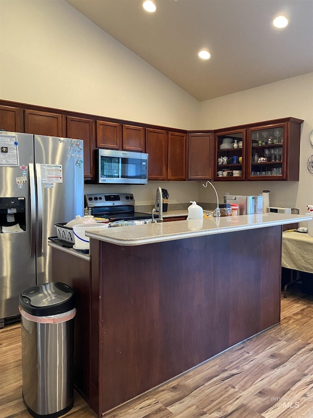 kitchen with sink, vaulted ceiling, light hardwood / wood-style floors, and appliances with stainless steel finishes