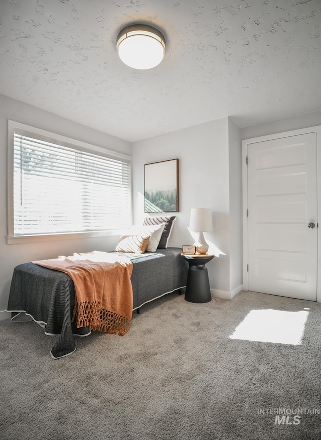 carpeted bedroom with a textured ceiling