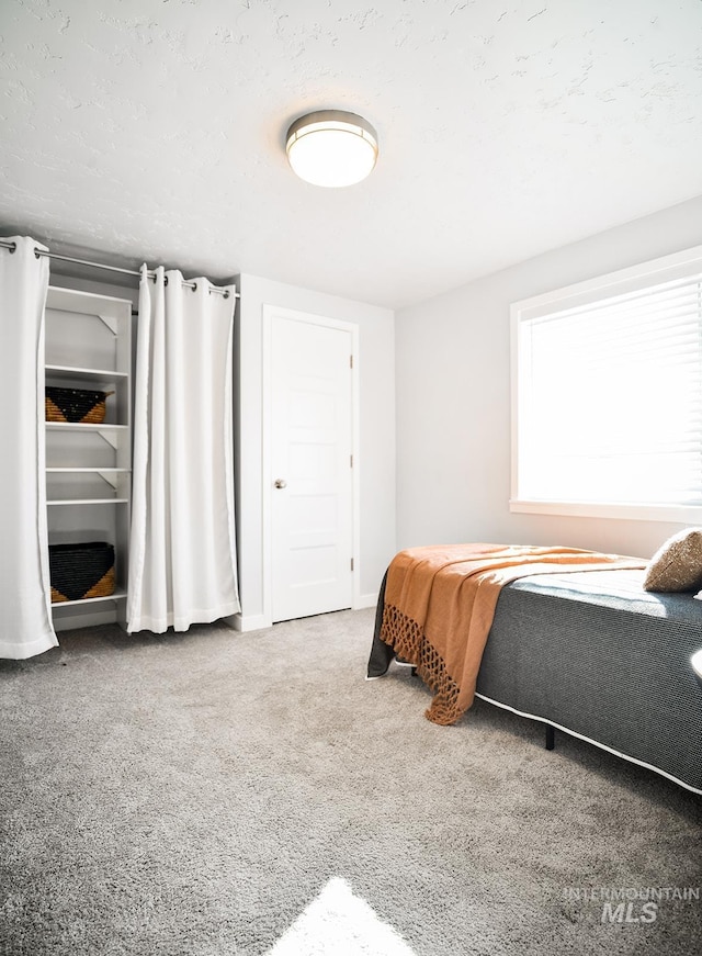 bedroom featuring carpet floors and a textured ceiling