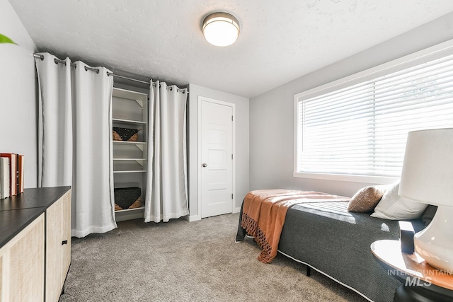 bedroom with carpet flooring and a textured ceiling