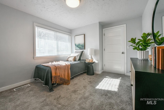 bedroom featuring carpet and a textured ceiling