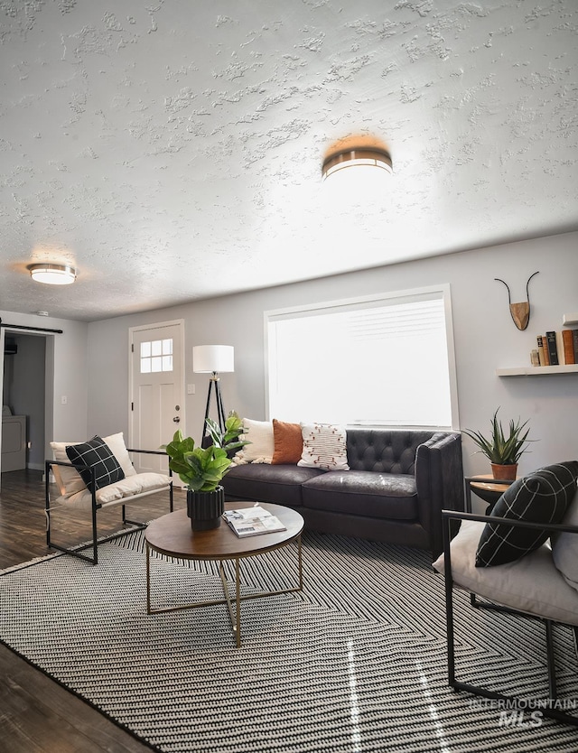 living room with wood-type flooring and a textured ceiling