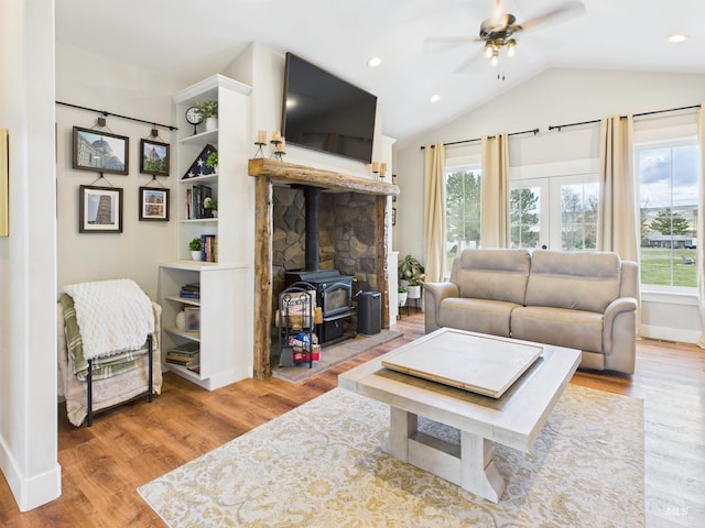 515 School St, Albion, ID 83311 - living room featuring a wood stove, ceiling fan, wood finished floors, lofted ceiling, and recessed lighting