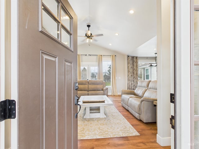 515 School St, Albion, ID 83311 - living area featuring a ceiling fan, wood finished floors, lofted ceiling, and recessed lighting