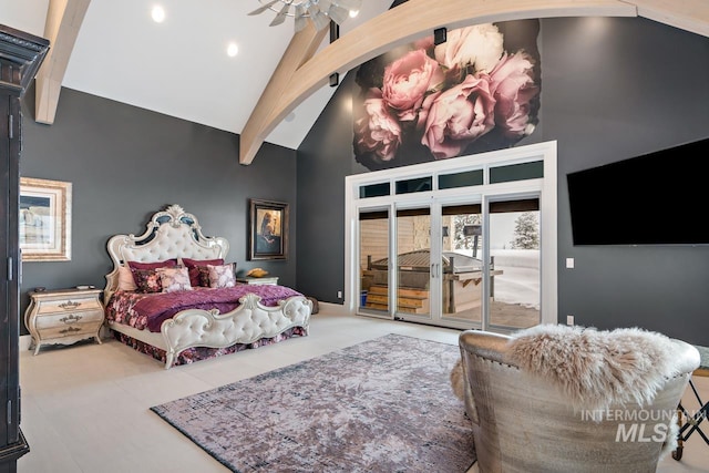 bedroom with tile flooring, ceiling fan, access to exterior, beam ceiling, and french doors