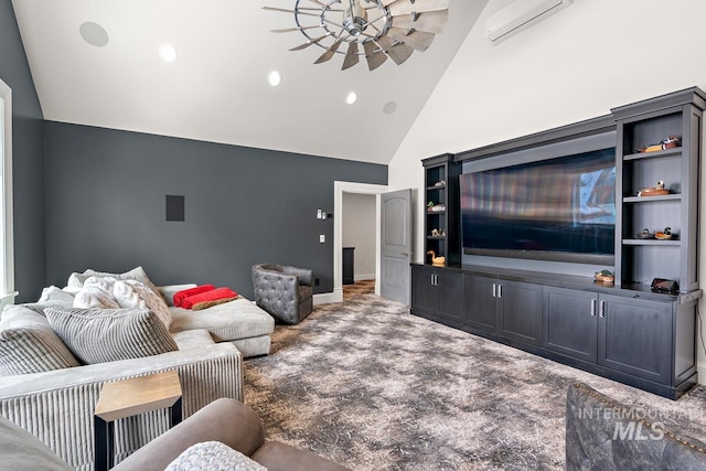 carpeted living room featuring high vaulted ceiling, an AC wall unit, and built in shelves