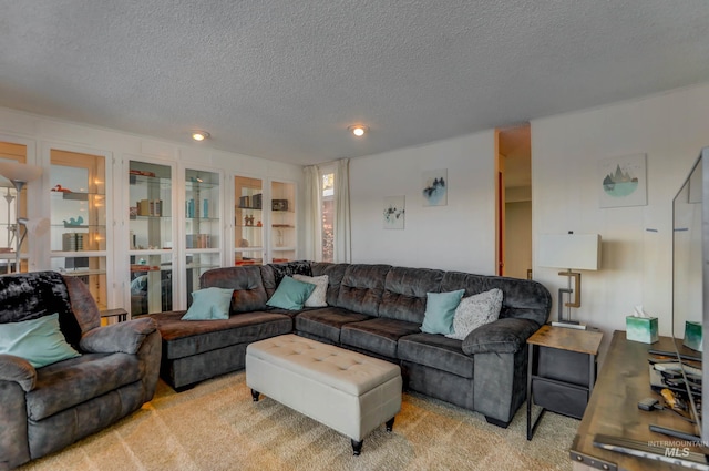 carpeted living room featuring a textured ceiling