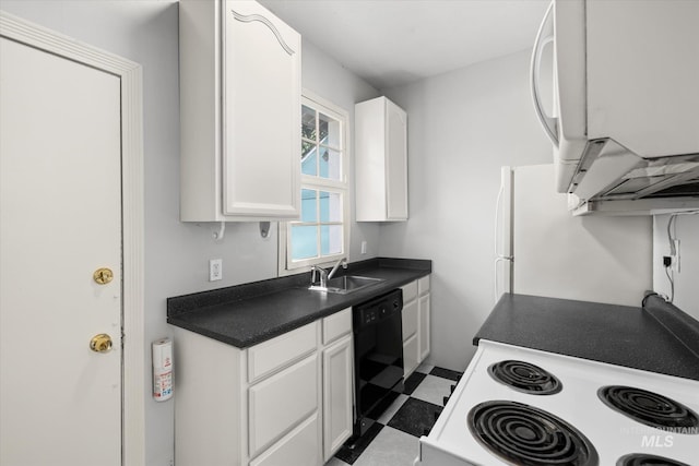 710 N 15th St, Boise, ID 83702 - kitchen featuring black dishwasher, tile patterned floors, dark countertops, white microwave, and white cabinets