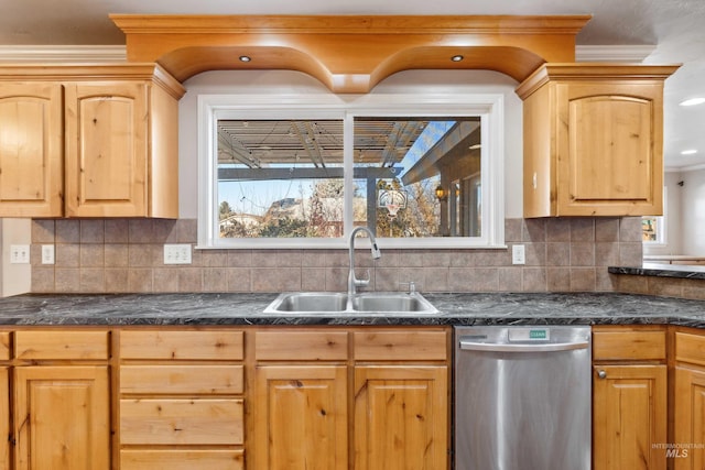 kitchen with a sink, dark countertops, and stainless steel dishwasher