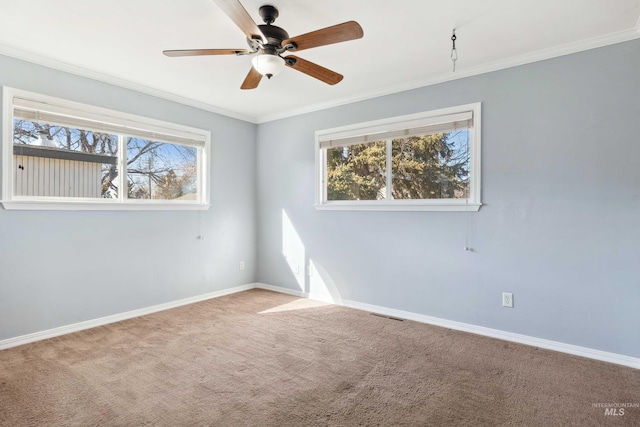 carpeted spare room featuring baseboards, ceiling fan, ornamental molding, and a healthy amount of sunlight