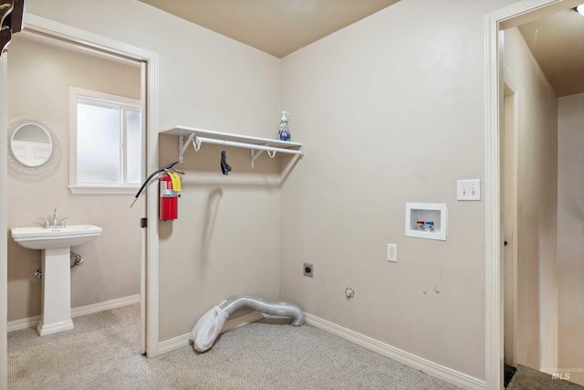 laundry room with baseboards, washer hookup, hookup for an electric dryer, and carpet flooring