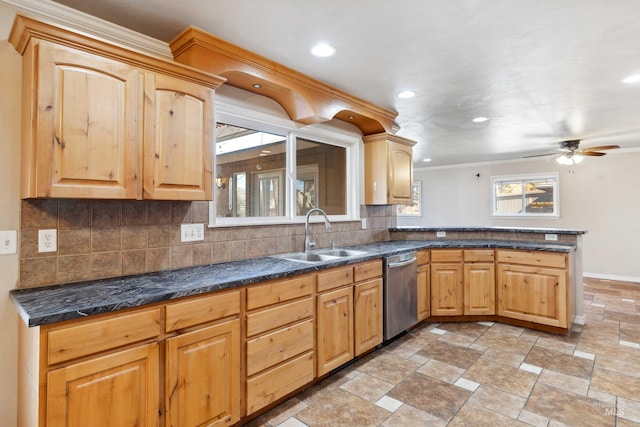 kitchen with a peninsula, a sink, decorative backsplash, dishwasher, and dark countertops