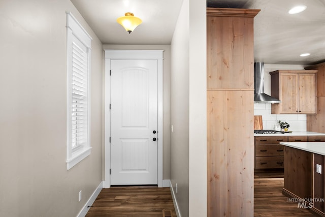 doorway with dark hardwood / wood-style flooring