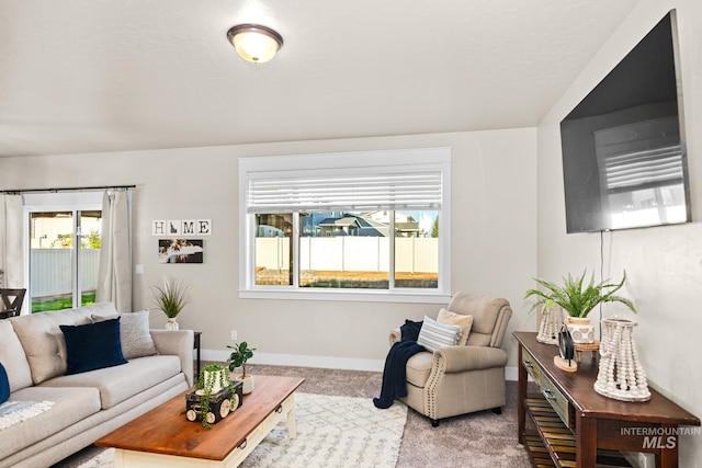 living room featuring light carpet