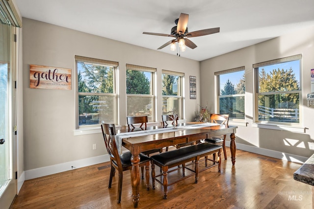 dining space featuring ceiling fan and hardwood / wood-style flooring