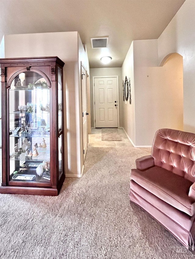 interior space featuring light carpet