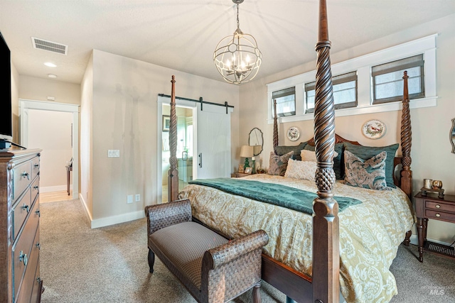 bedroom featuring a barn door, light carpet, and a chandelier